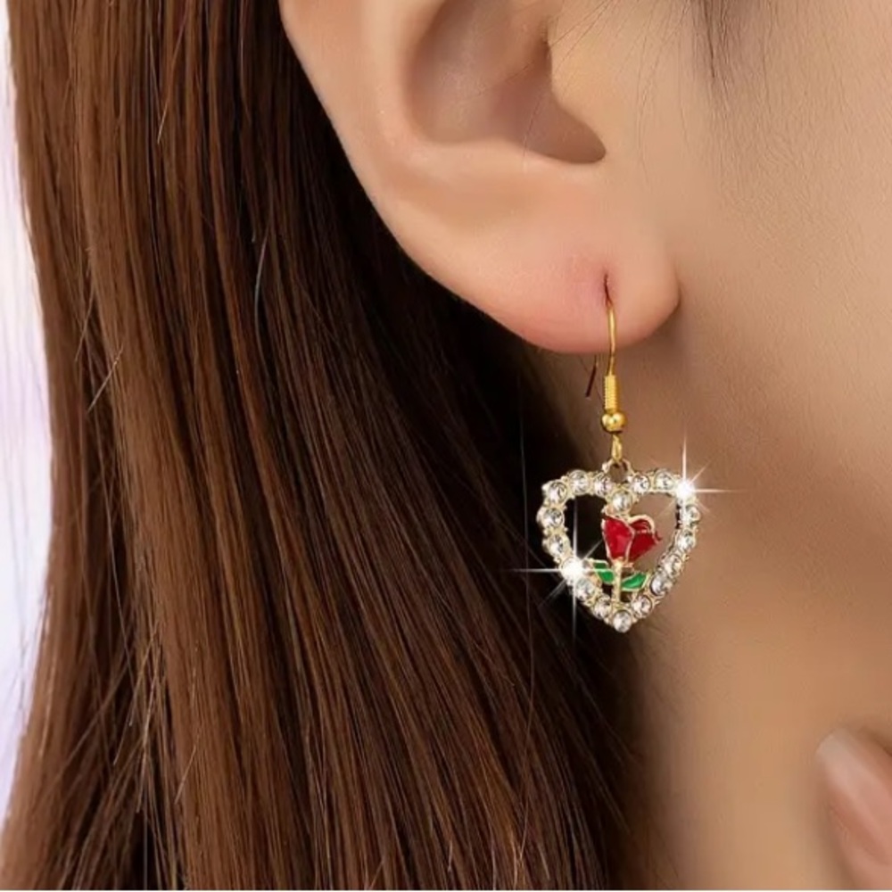 Red Rose & Diamond Heart Gold Toned Earrings - Picture 3 of 6